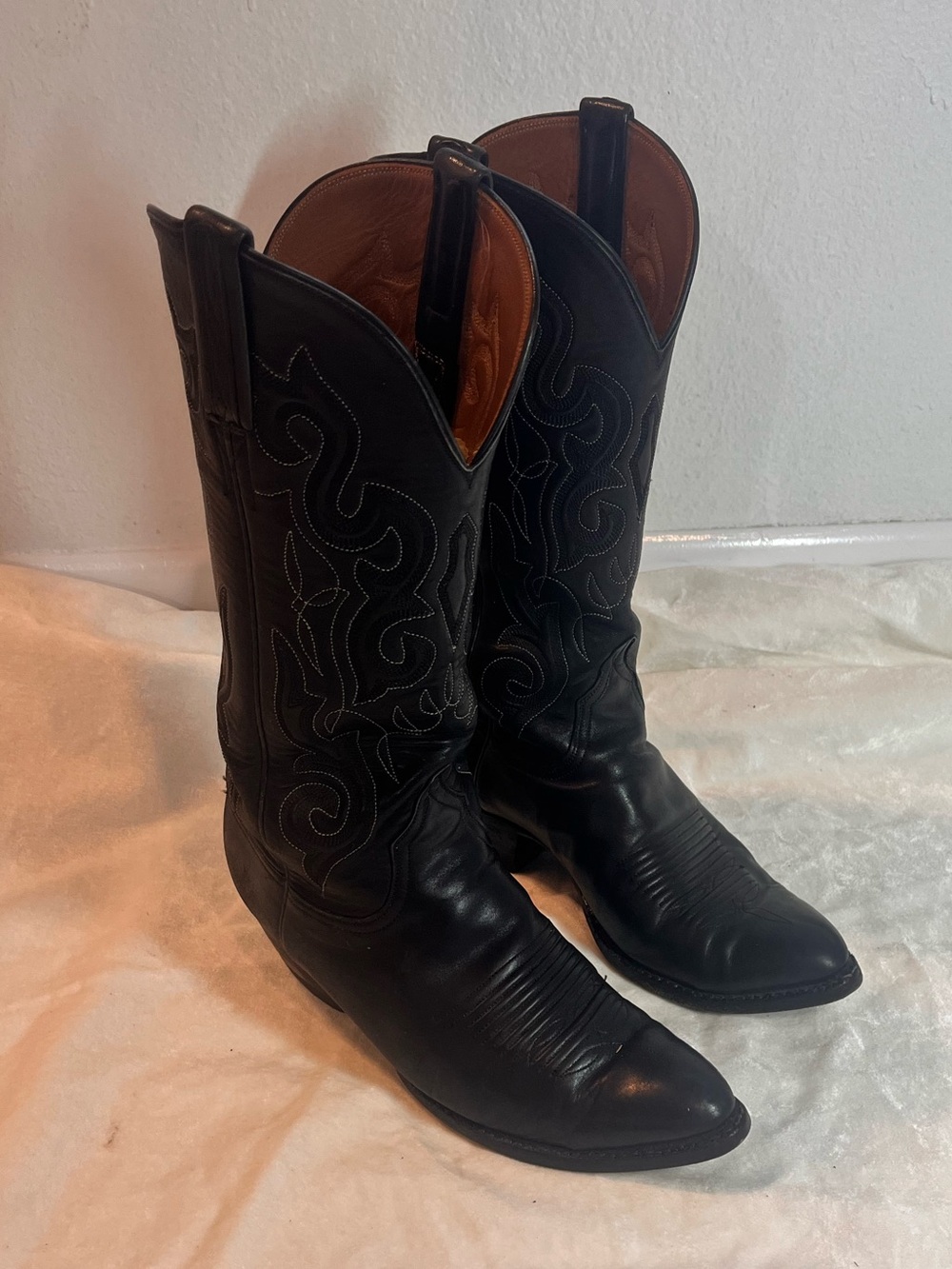 Lucchese Black Leather Western Cowboy Boots with Brown Lining vintage